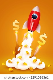 Rocket launching with smoke and dollar flying coins. Business start up concept. Vector illustration