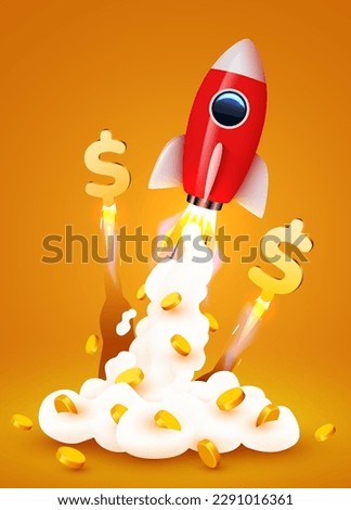 Rocket launching with smoke and dollar flying coins. Business start up concept. Vector illustration
