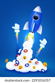 Rocket launching with smoke, likes and social media icons. Marketing boost concept. Vector illustration