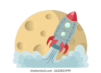 Rocket Launching with Smoke Trail and Full Moon Background, Ideal for Space Exploration, Technology, and Startup Concepts