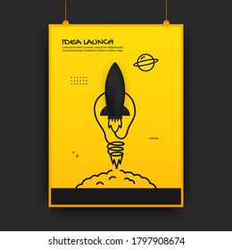 Rocket launching to space with light bulb poster, business start up concept