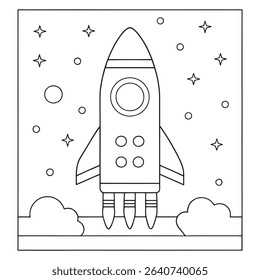 Rocket launching with stars and orbiting planets shown in a clean line drawing illustration