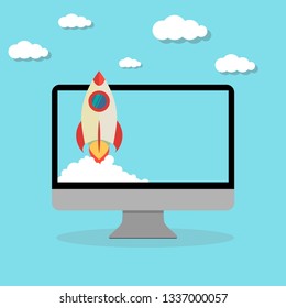 rocket launching start up in computer flat design