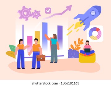 Rocket launching, startup concept. Group of people stand near various charts. Poster for social media, web page, banner, presentation. Flat design vector illustration