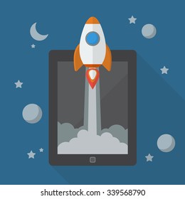 Rocket launching from tablet. Project start up.