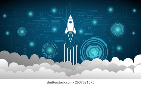 Rocket launching through starry night sky with stylized digital clouds
