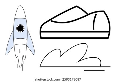 Rocket launching with trailing exhaust, a line art sneaker, and a simple cloud illustration. Ideal for technology, fashion, weather, simplicity, minimalism, design, and educational themes. Line