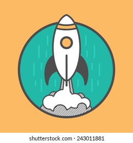 rocket launching up, vector flat line style concept illustration
