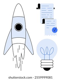Rocket launching upward alongside a light bulb and a document. Ideal for illustrating themes of creativity, innovation, entrepreneurship, startups, and new ideas. Simple modern vector style