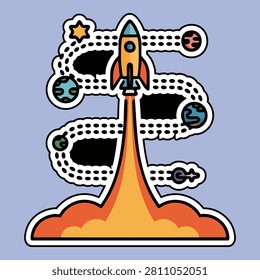 Rocket launching upward with dotted trajectory passing by planets and a star showcasing space exploration