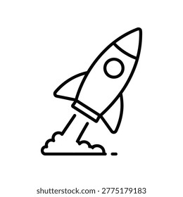 Rocket launching upward with flames and smoke billowing from its base depicted in minimalist black and white illustration style