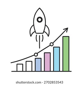 Rocket launching upward over colorful bar graph symbolizing growth and success.