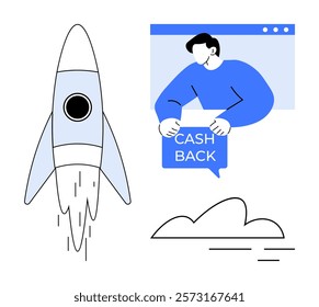 Rocket launching upward and person holding CASH BACK sign ideal for themes innovation financial growth online business savings startup digital marketing space exploration. Simple modern flat style