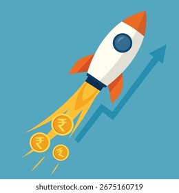 Rocket launching upward with Rupee coins and arrow, representing rapid financial growth and investment success