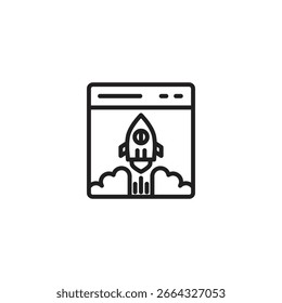 A rocket launching upwards inside a browser window or interface, with smoke trails. Represents website launch, startup, or rapid online growth.