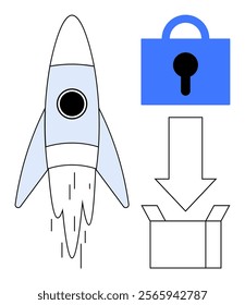 A rocket launching upwards with propelling flames. Next to it, a blue lock symbol with an arrow pointing to an open box. Ideal for technology, innovation, security, e-commerce, and packaging themes