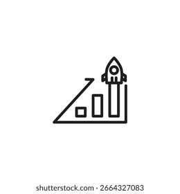 A rocket launching upwards from the top of a rising bar graph, with an upward trending arrow. Represents rapid growth, success, and upward trajectory.