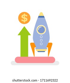 Rocket launching vector, business concept startup of new project flat style. Aerospace investigation and financial income, investment and profit growth