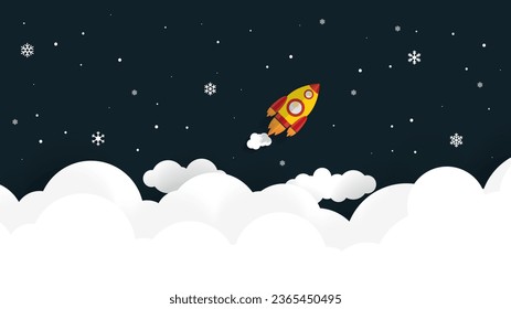 Rocket launch.rocket banner.Rocket ship.cloud and snowflake.Abstract background paper in blue and white. A4 abstract color 3d paper art illustration set. Blue Night sky clouds paper craft style.eps10