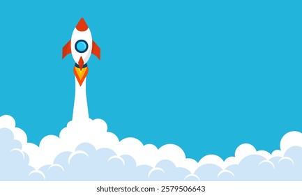 rocket launch.rocket flying over cloud on blue sky background.business idea concept.rocket ship