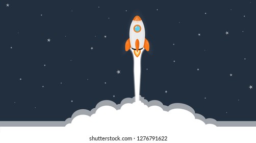 Rocket launch,ship. Concept of business product on a market. Startup project concept. flat design vector illustration.