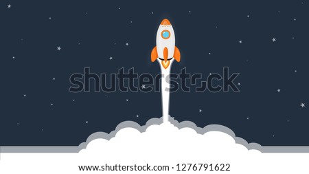 Rocket launch,ship. Concept of business product on a market. Startup project concept. flat design vector illustration.