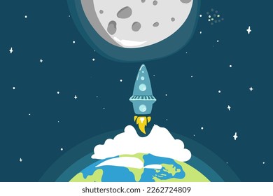 Rocket launch,ship.vector, illustration concept of business product on a market. flight to the moon