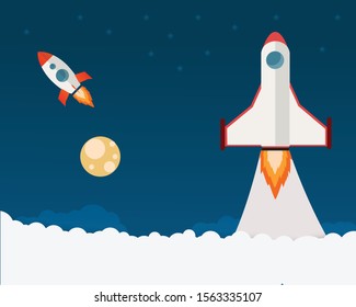 Rocket launch,ship.vector, illustration concept with full moon.