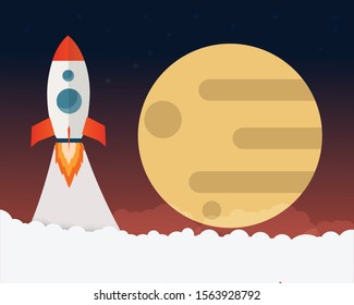 Rocket launch,ship.vector, illustration concept with full moon.