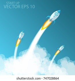 Rocket launch.Vector illustration. Concept of business launch product. Take-off rockets.