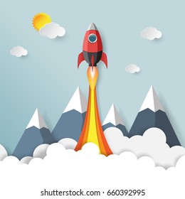 Rocket launch.With start up business concept paper art style.Vector illustration.