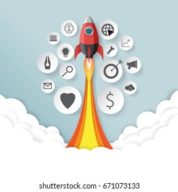 Rocket launch.With start up business concept paper art style.Vector illustration.