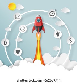 Rocket launch.With start up business creative idea concept paper art style.Vector illustration.