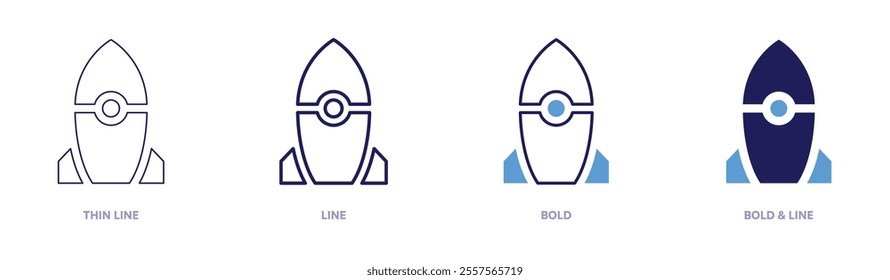 Rocket learnings icon in 4 different styles. Thin Line, Line, Bold, and Bold Line. Duotone style. Editable stroke.
