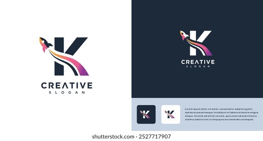 Letra do foguete K símbolo modelo de vetor de logotipo ilustração	

