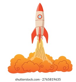Rocket lifts off with flames and smoke in a clear sky during a bright day