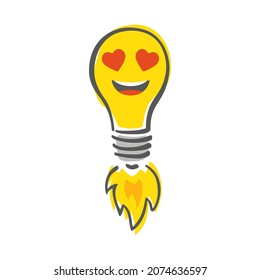 Rocket light bulb isolated on white background. Emoji lightbulb with funny emotion. Hand-drawn vector illustration. Shining yellow logo. Creative concept of idea.