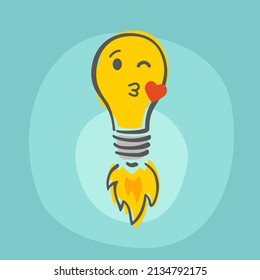 Rocket light bulb isolated on white background. Emoji lightbulb with funny emotion. Hand-drawn vector illustration. Shining yellow logo. Creative concept of idea.