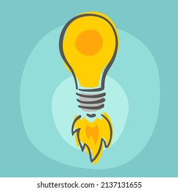 Rocket light bulb isolated on white background. Hand-drawn vector illustration. Shining yellow logo. Creative concept of idea.