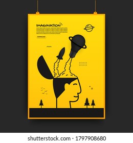 Rocket and light bulb launching out from human head, imagination concept poster