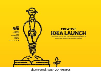 Rocket with light bulb launching out of the book background, Creative ideas and innovation start up concept