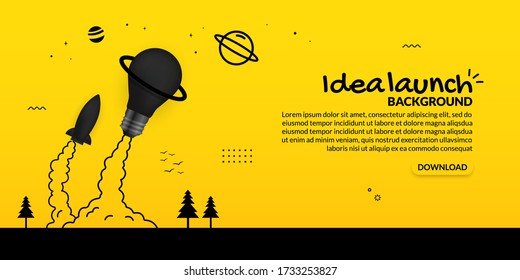 Rocket and light bulb launching to space on yellow background, start up business concept