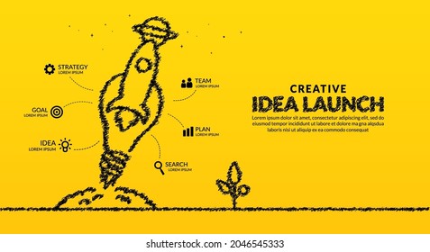 Rocket with light bulb launching to space infographic background, Creative ideas and innovation start up concept