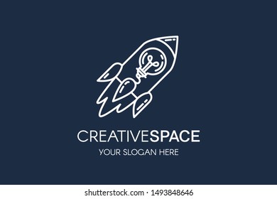 Rocket and light bulb linear vector logo template. Startup logotype with creative space typography