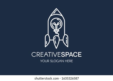 Rocket and light bulb linear vector logo template. Startup logotype with creative space typography