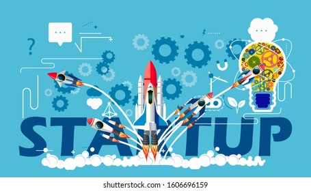 Rocket and Light bulb. set icon. creative illustration of business startup. Idea concept vector.

