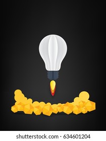 Rocket light idea launch space paper art style , start up business concept and exploration idea. vector illustration.