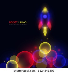 Rocket light neon colorful red blue yellow Vector and illustration flying rocket.Space travel to the moon.Space rocket launch.Project start up rocket Solar System and text space