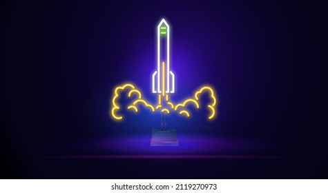 Rocket light neon colorful. Vector and illustration flying rocket.Space travel to the moon.Space rocket launch.Project start up rocket Solar System and text space