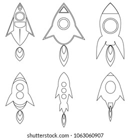 Rocket line black icon set. Sketches launching six rockets into space on a white background